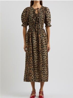 Smocked Leopard-Print Puff Sleeve Midi Dress - Brown/Black